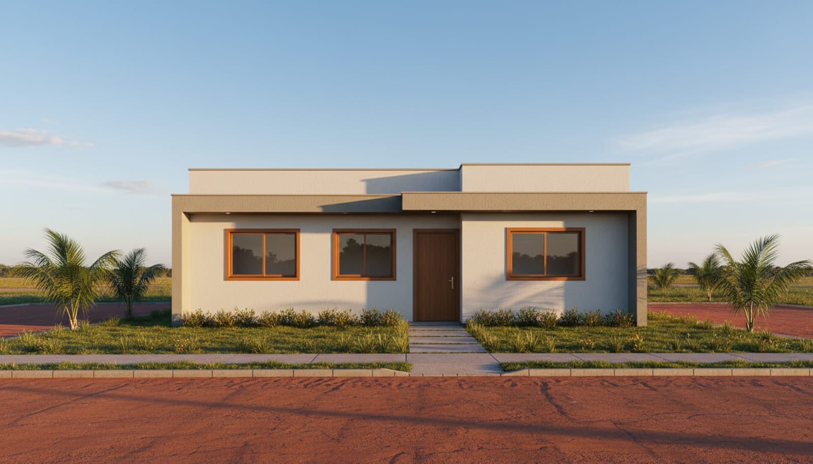 Casa térrea recém-construída em um lote de loteamento, com rua de terra vermelha ao fundo