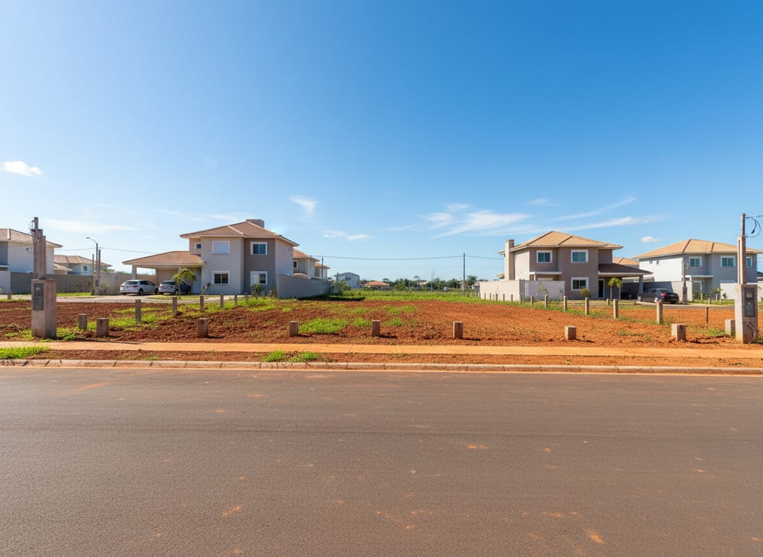Lote vazio demarcado em um loteamento, com casas já construídas na vizinhança