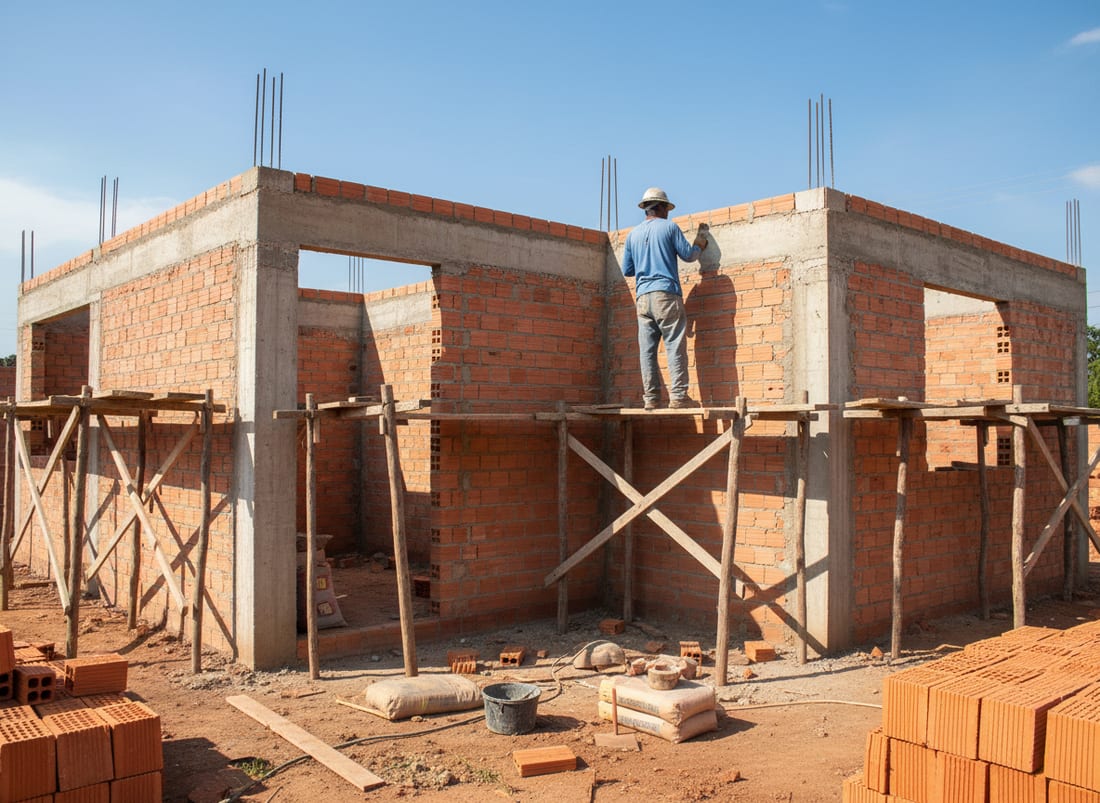 Casa em construção na fase de alvenaria, com paredes de tijolo e pilares de concreto